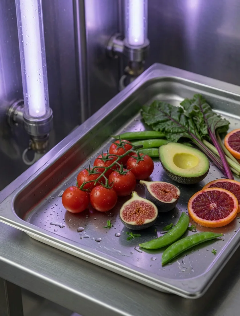 Cherry tomatoes, figs, avocado, and citrus on a stainless tray under UV light